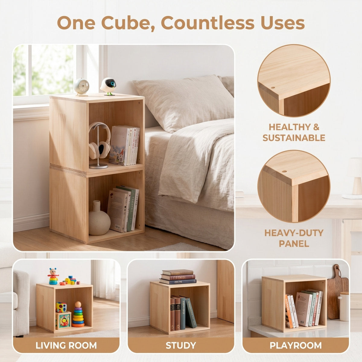 Solid Pine Cube Bookshelf, 15.7" | Modular & Stackable