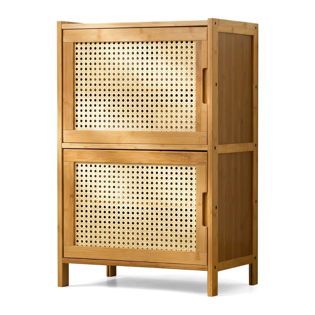 Bamboo Storage Cabinet with Rattan Doors, 2-Door Entryway Sideboard 26.8" Tall, Narrow Shoe Cabinet with Removable Shelves, Mid-Century Modern Boho Accent Cabinet for Living Room Bedroom Hallway, Natural Finish