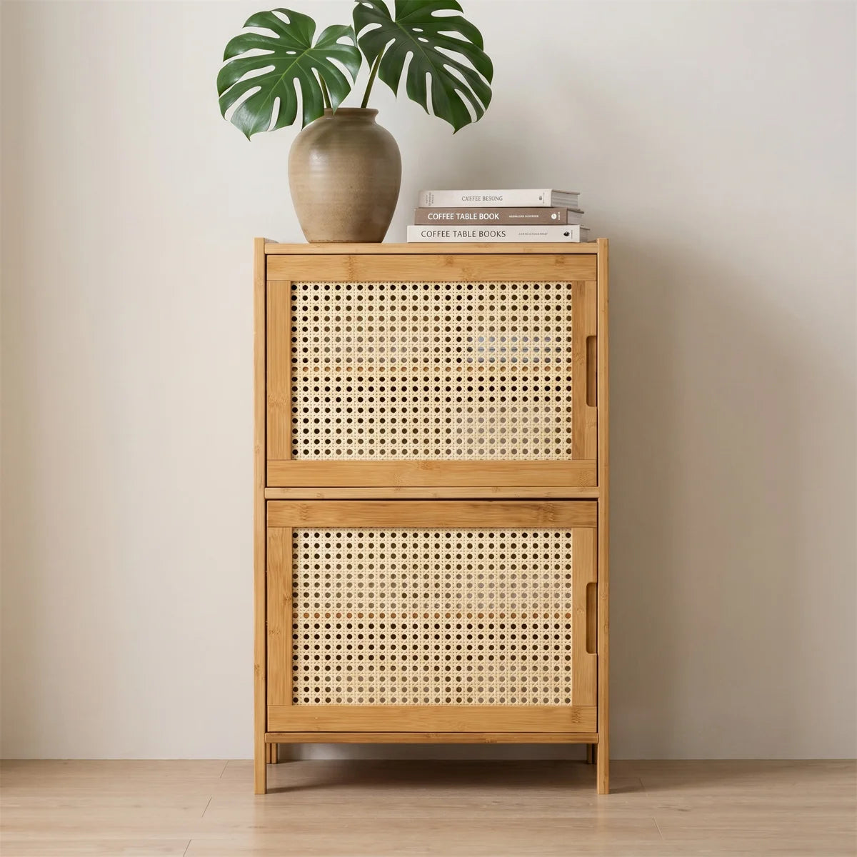 Bamboo Storage Cabinet with Rattan Doors, 2-Door Entryway Sideboard 26.8" Tall, Narrow Shoe Cabinet with Removable Shelves, Mid-Century Modern Boho Accent Cabinet for Living Room Bedroom Hallway, Natural Finish