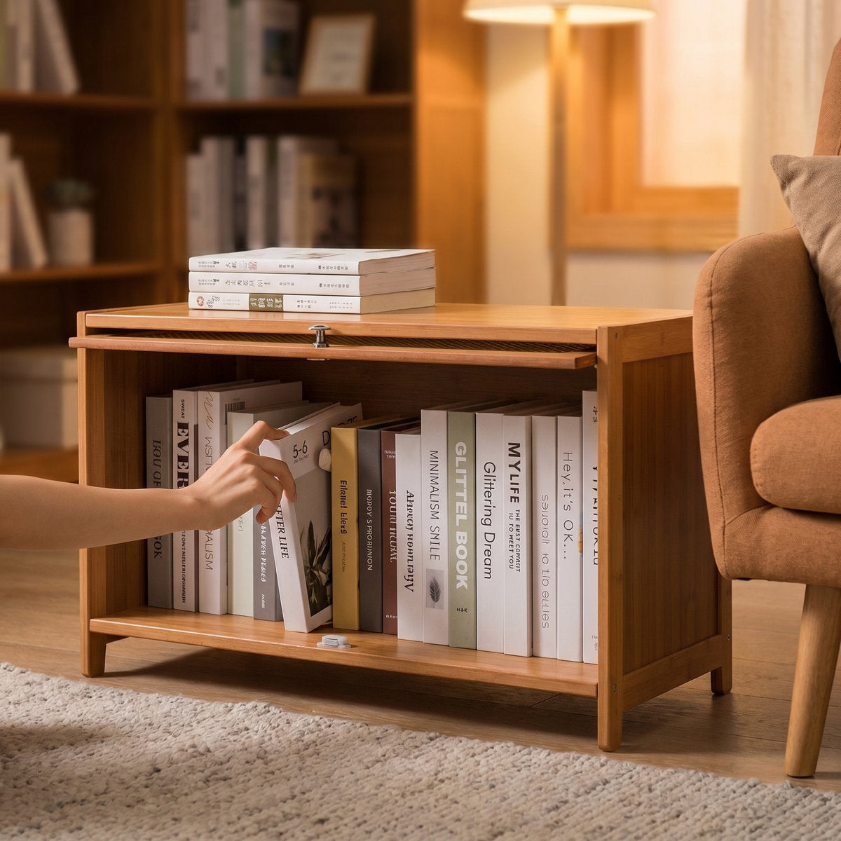 A 31.5-inch rattan cabinet that hides the pile by the door — and looks like you planned it.