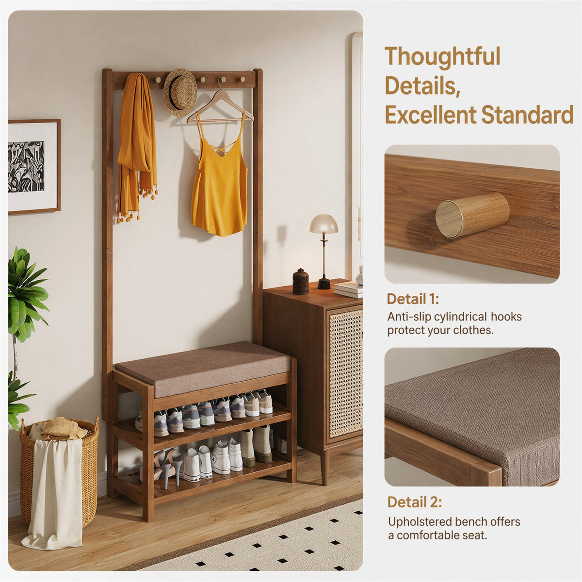 Narrow Bamboo Hall Tree with Bench & Shoe Storage