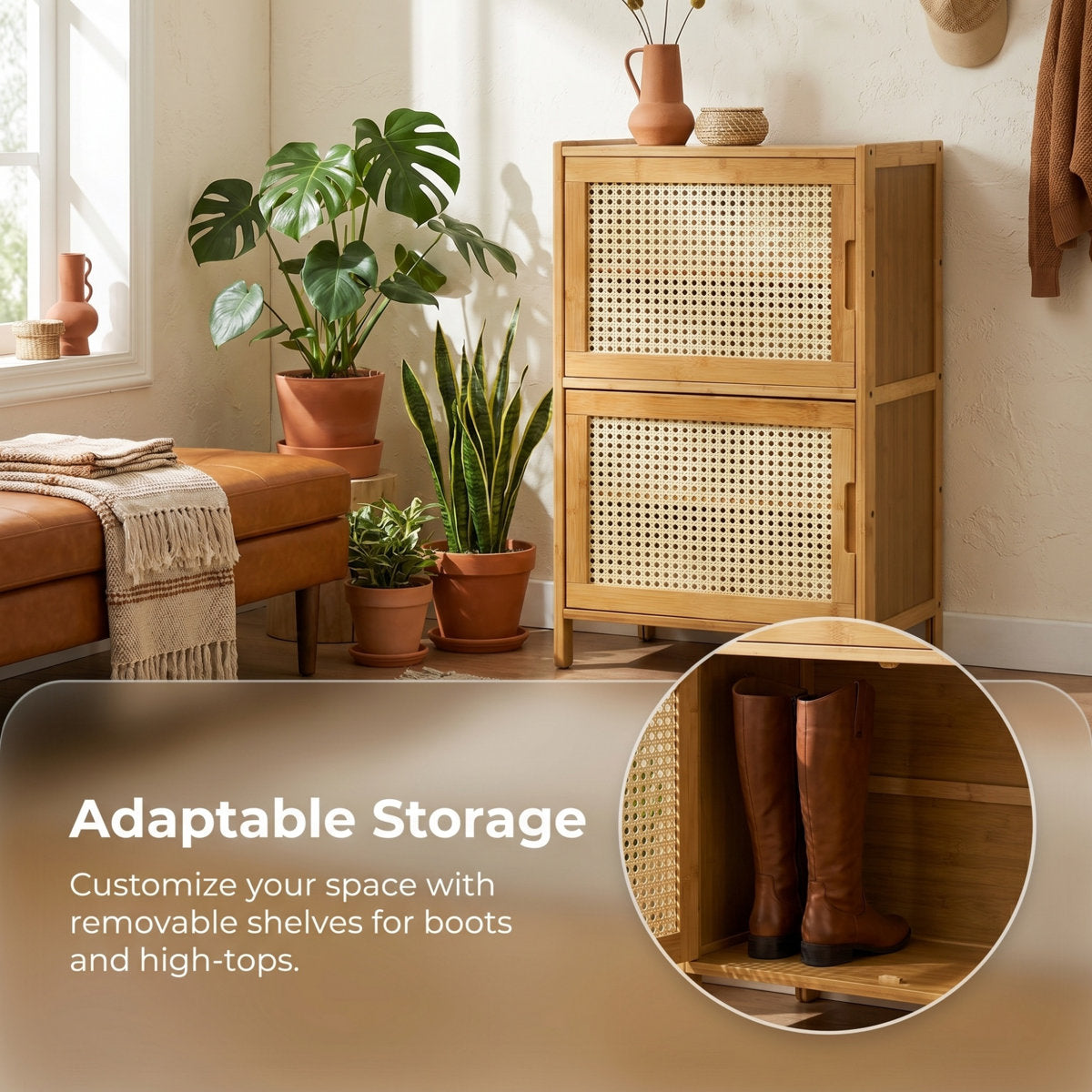Bamboo Storage Cabinet with Rattan Doors, 2-Door Entryway Sideboard 26.8" Tall, Narrow Shoe Cabinet with Removable Shelves, Mid-Century Modern Boho Accent Cabinet for Living Room Bedroom Hallway, Natural Finish