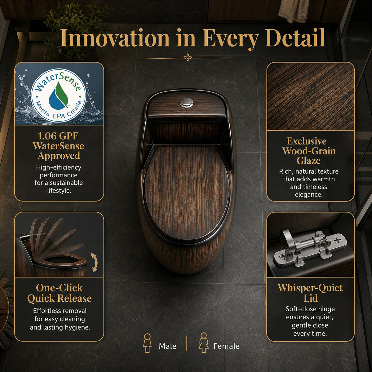 Wood-Grain One-Piece Toilet