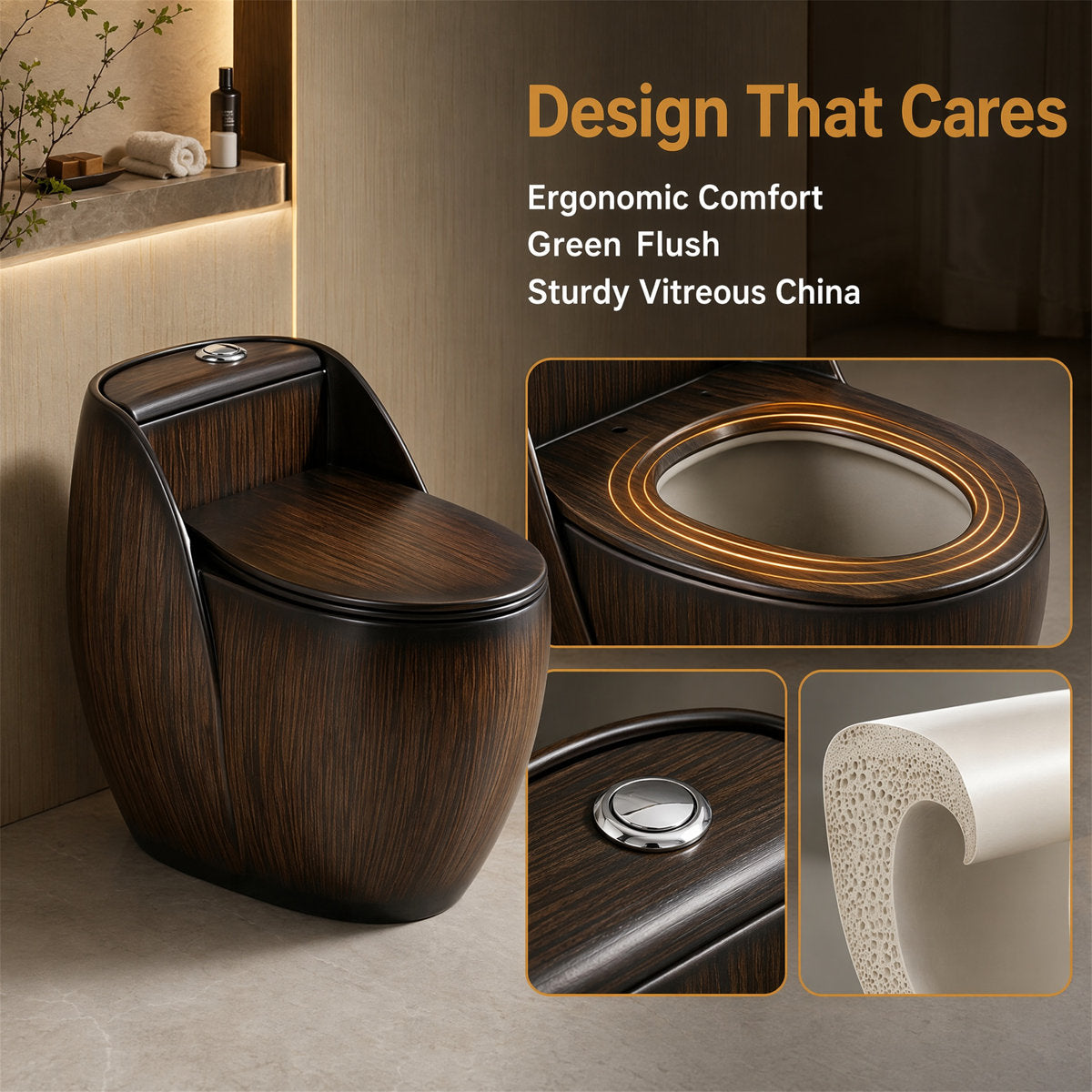 Wood-Grain One-Piece Toilet