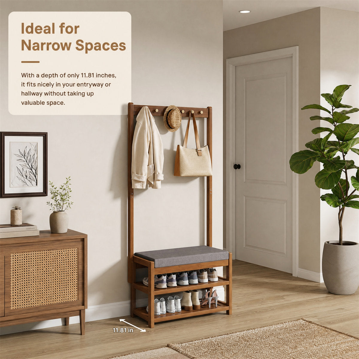 Narrow Bamboo Hall Tree with Bench & Shoe Storage
