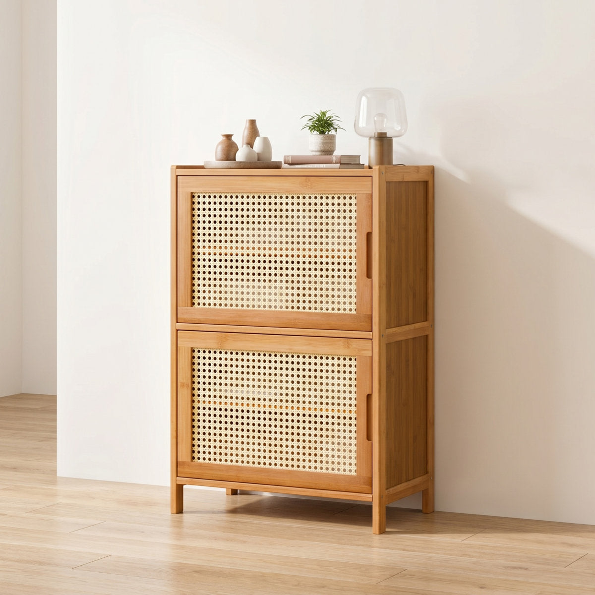 Bamboo Storage Cabinet with Rattan Doors, 2-Door Entryway Sideboard 26.8" Tall, Narrow Shoe Cabinet with Removable Shelves, Mid-Century Modern Boho Accent Cabinet for Living Room Bedroom Hallway, Natural Finish
