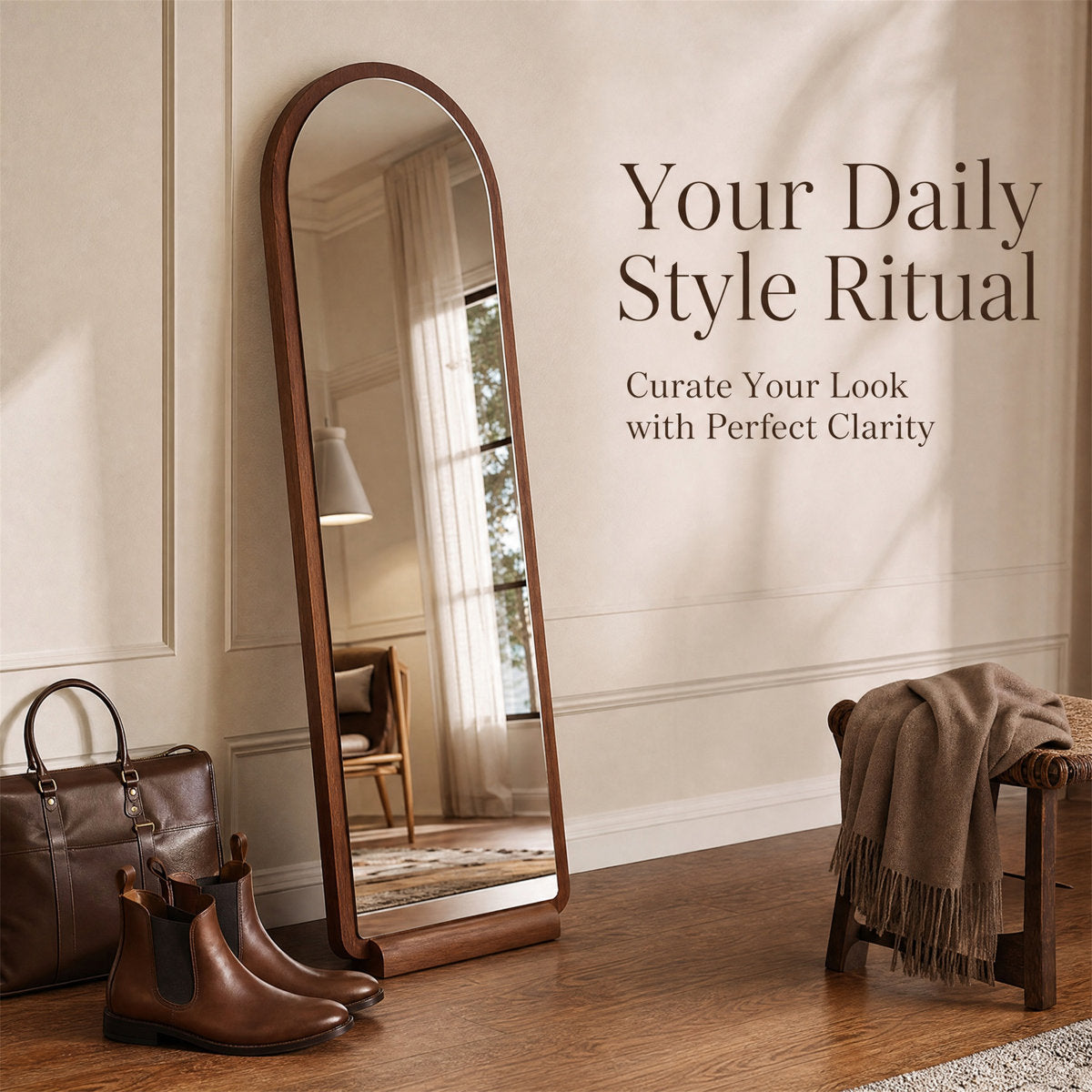Arched Walnut Floor Mirror