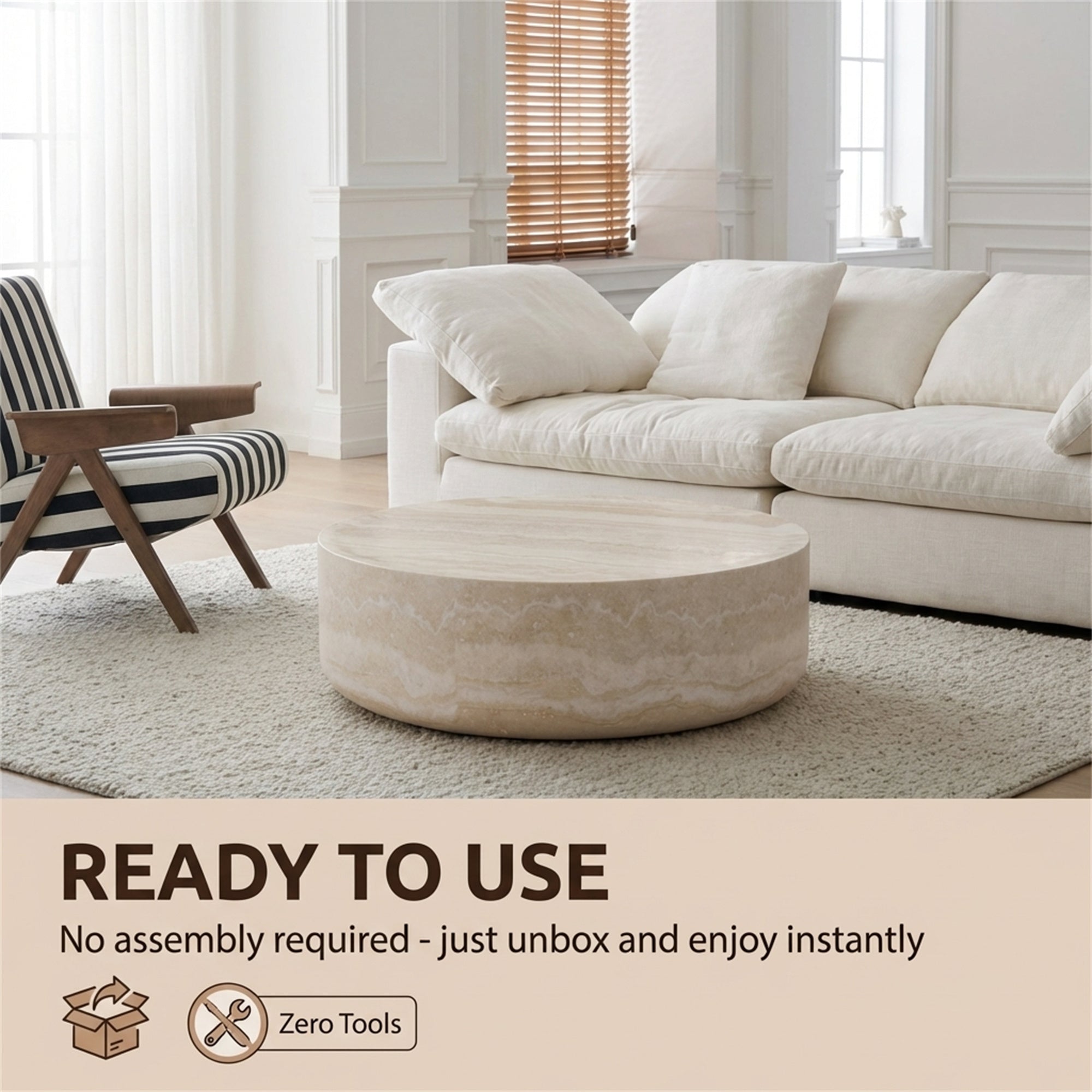 39.37'' Faux MARS Pattern Coffee Tables for Living Room Round Tea Faux Travertine Textured table for Living Room, No Need Assembly