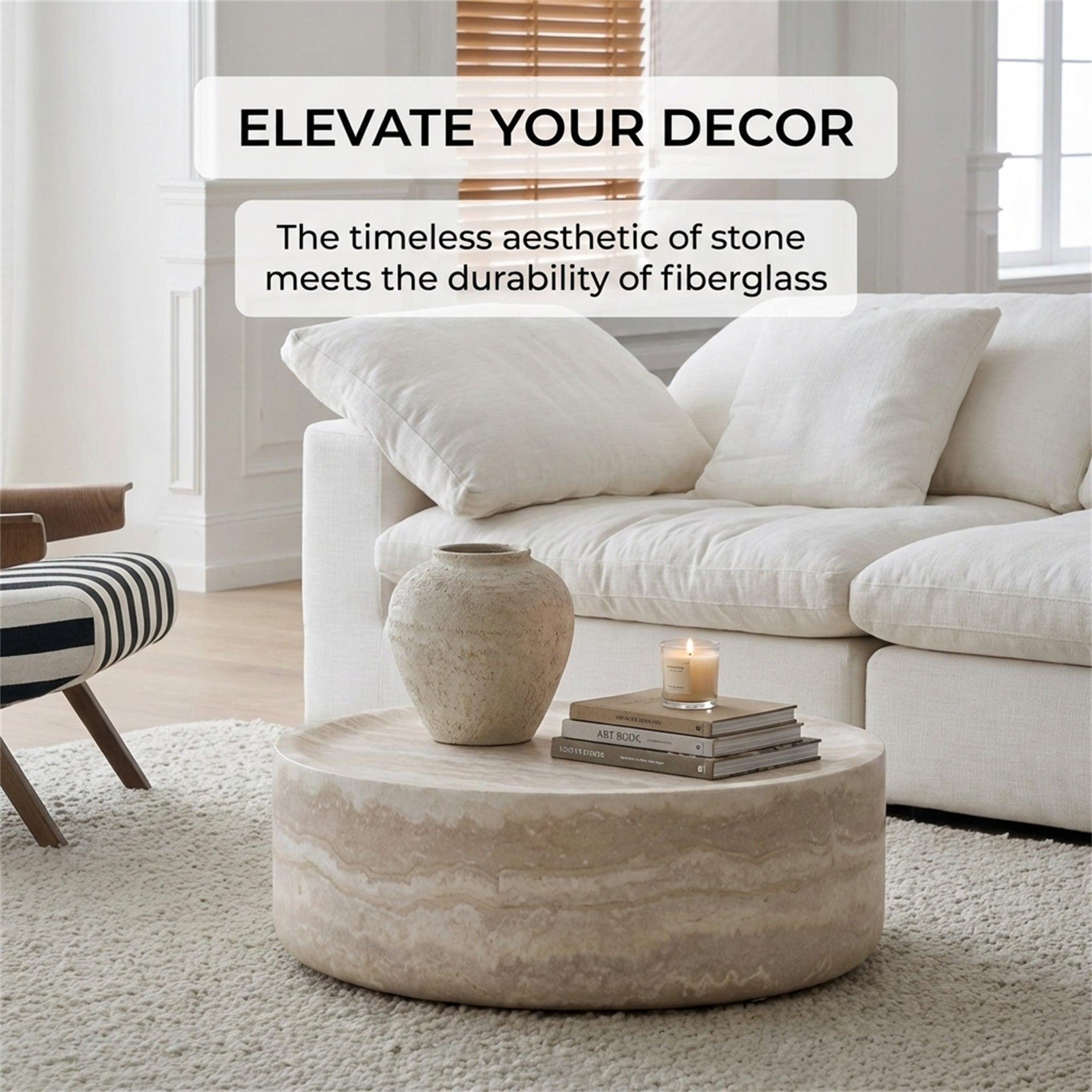 39.37'' Faux MARS Pattern Coffee Tables for Living Room Round Tea Faux Travertine Textured table for Living Room, No Need Assembly