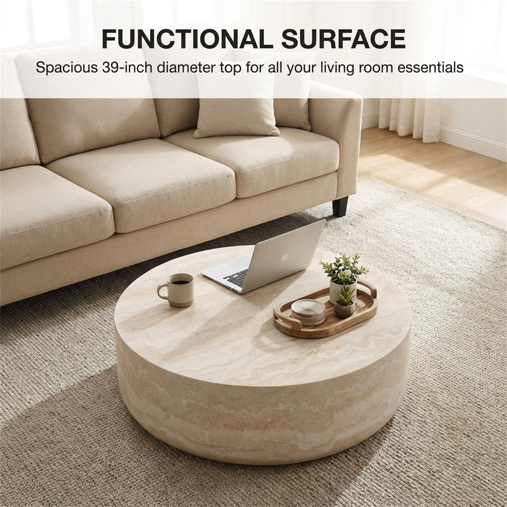 39.37'' Faux MARS Pattern Coffee Tables for Living Room Round Tea Faux Travertine Textured table for Living Room, No Need Assembly