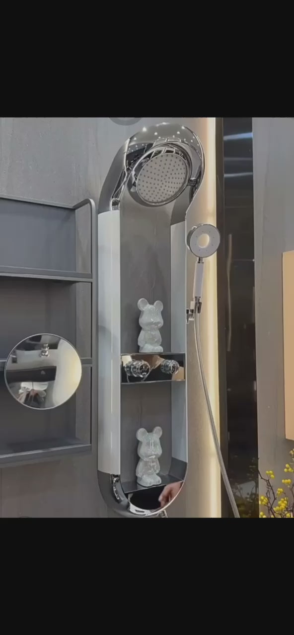 Load video: Shower System Adjustable Water Angle Mode with Double Shelves (Black)