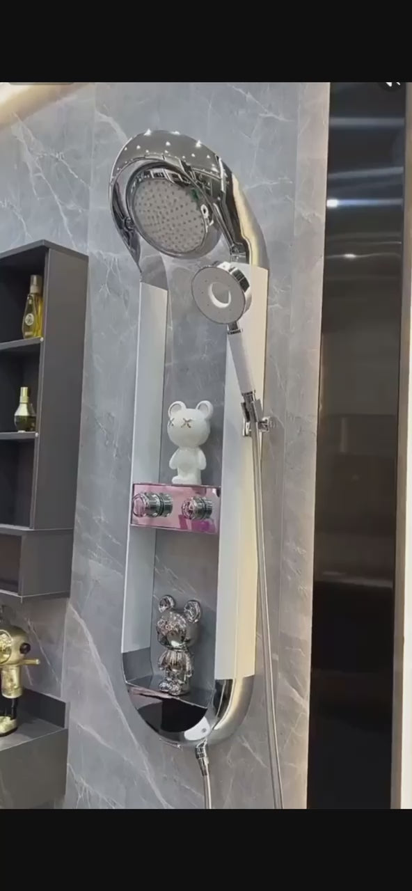 Load video: Shower System Adjustable Water Angle Mode with Double Shelves (Black)