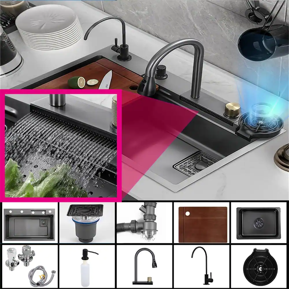 26.77*18.11inch Stainless Steel Drop in Kitchen Sink with Waterfall Faucet and Accessories