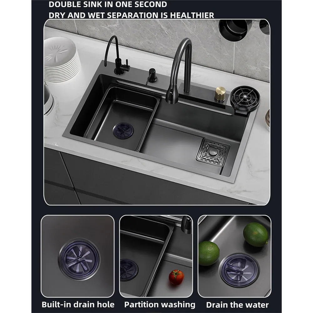 26.77*18.11inch Stainless Steel Drop in Kitchen Sink with Waterfall Faucet and Accessories